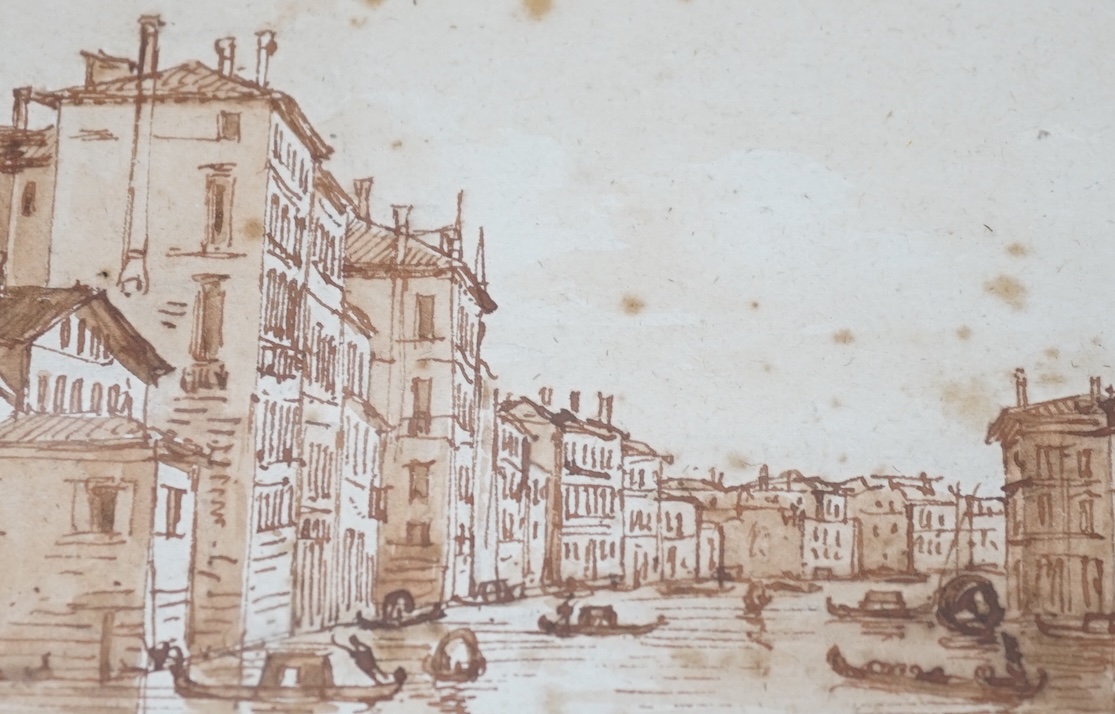 Four 18th/19th century sepia pen and ink sketches, Venetian scenes including 'La douane de mer a Venise', largest 10.5 x 14cm. Condition - fair, discolouration and foxing throughout commensurate with age